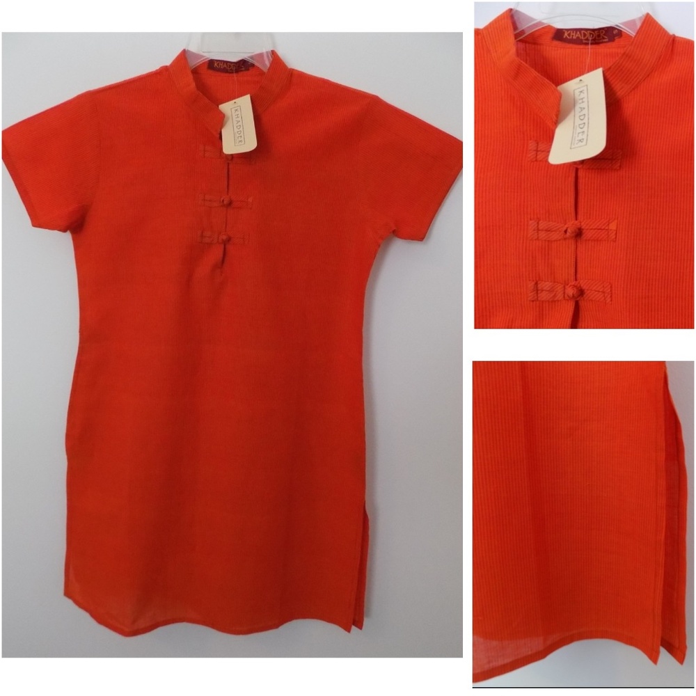 NWT Kameez tunic dress S Orange Pure cotton Short sleeve Hand-loomed weave India